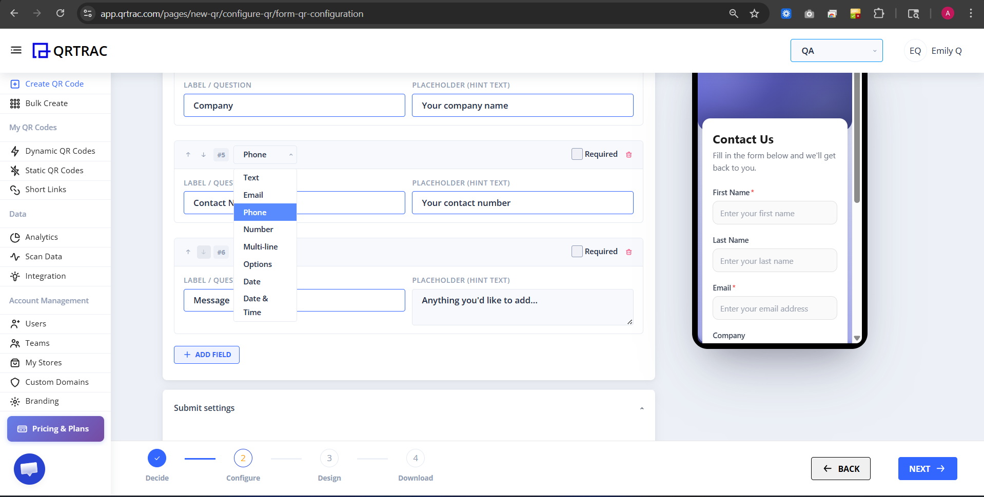 Available field types and field configuration options