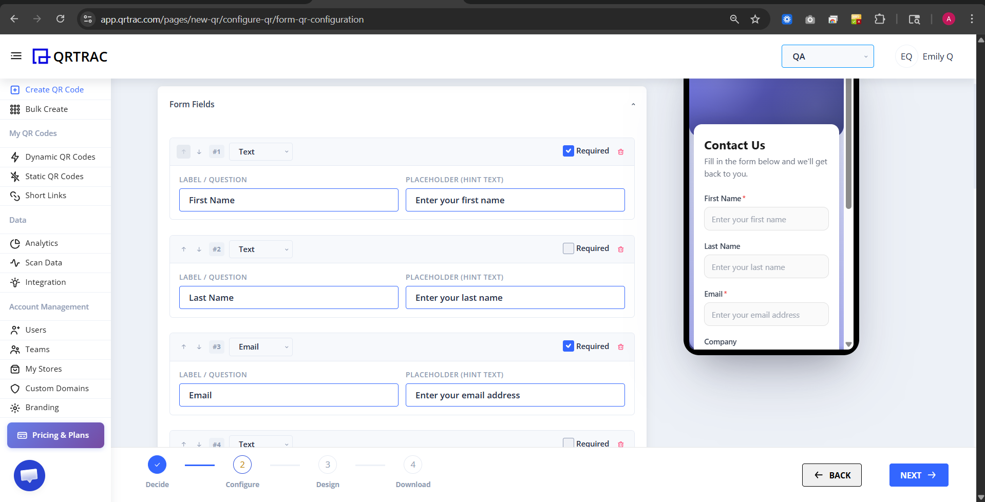 Form fields configuration screen showing multiple fields added
