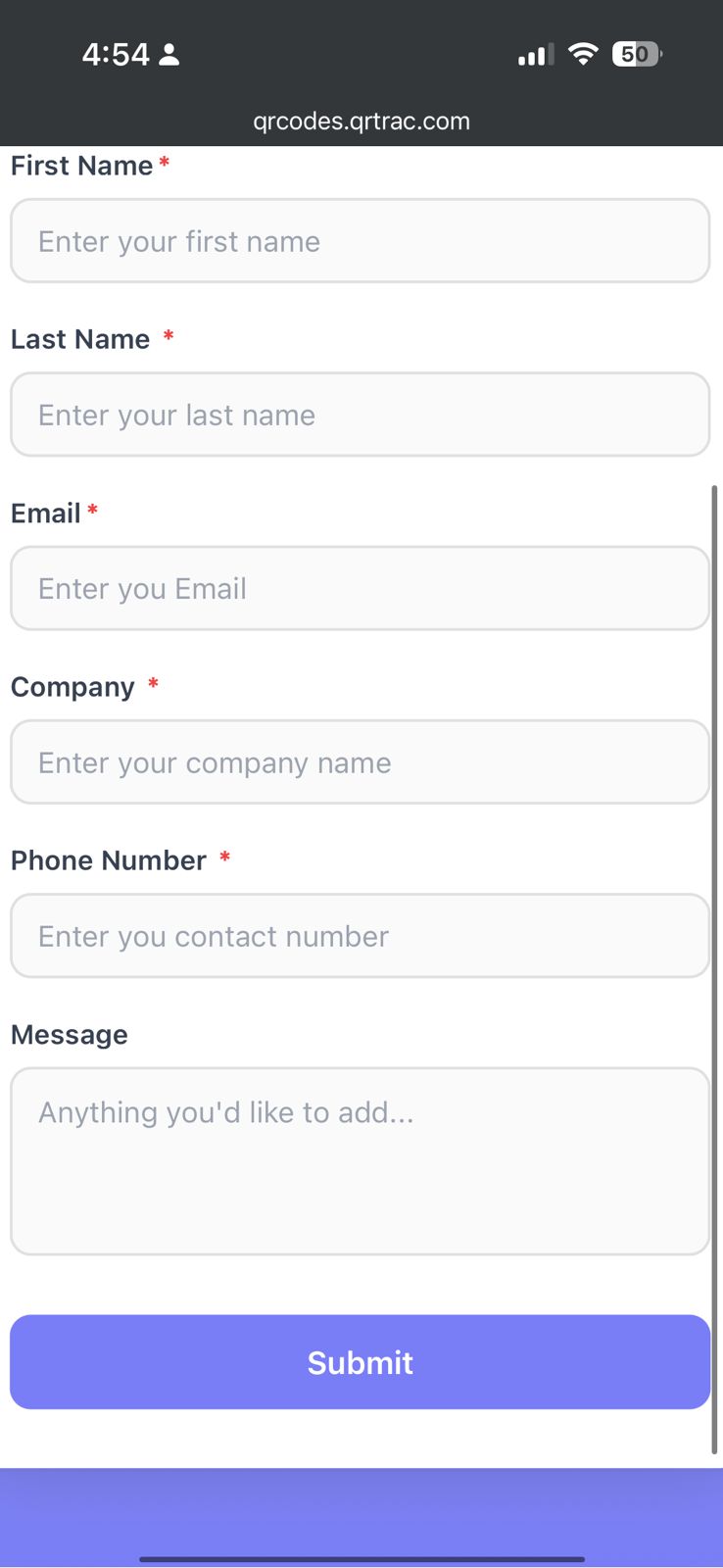 Form QR code scrolled view showing all form fields and submit button