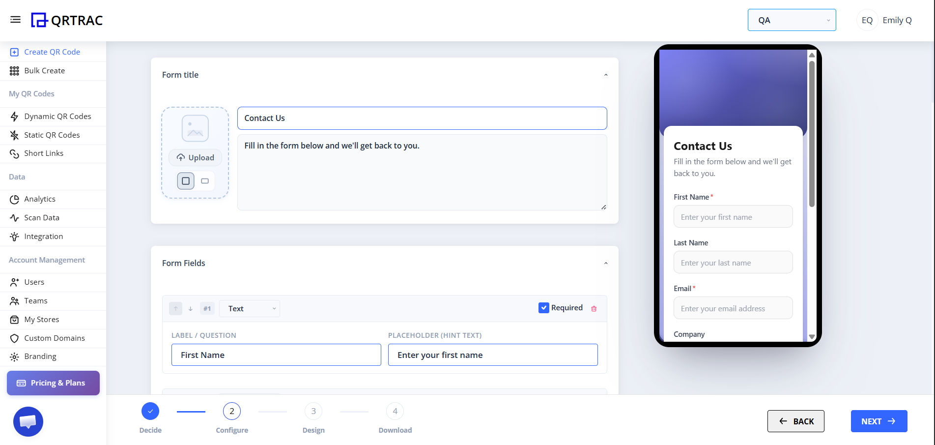 Form configuration screen showing title, description, and mobile preview