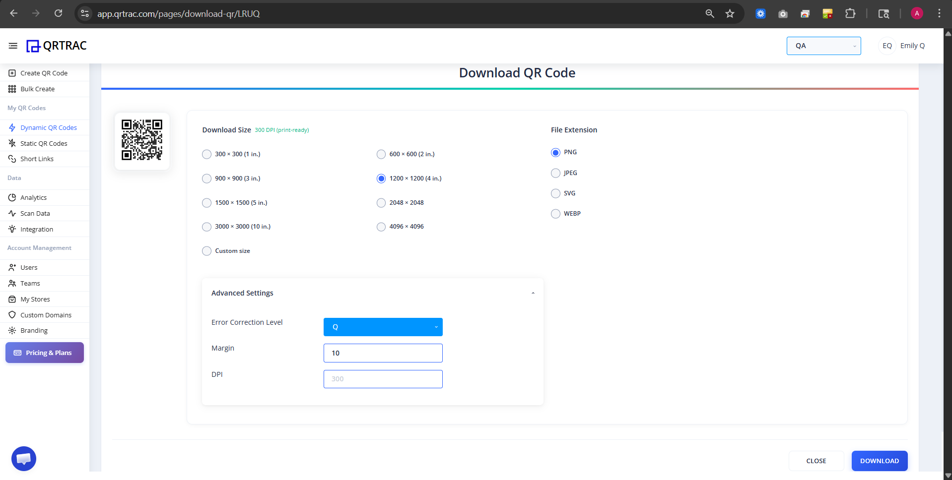 Confirmation page showing generated QR code and shareable URL