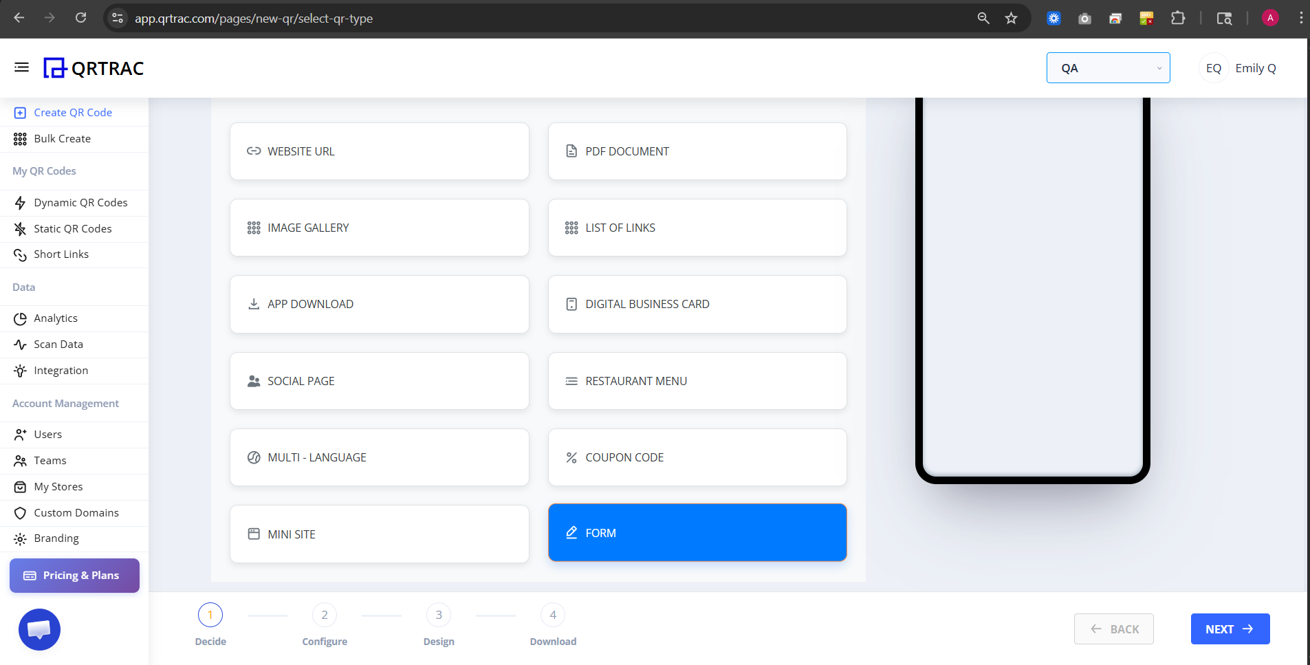 Dashboard showing QR code types with Form option highlighted in blue