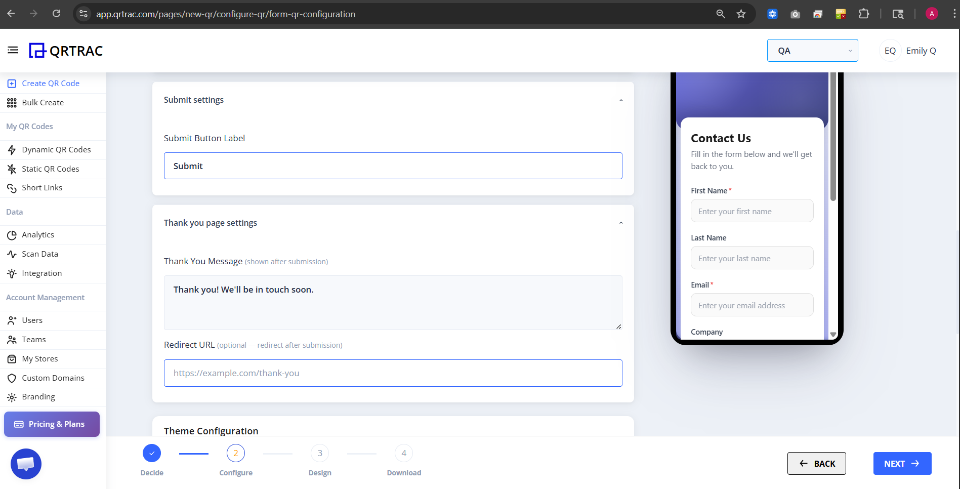 Submit settings configuration showing button label and thank you message options