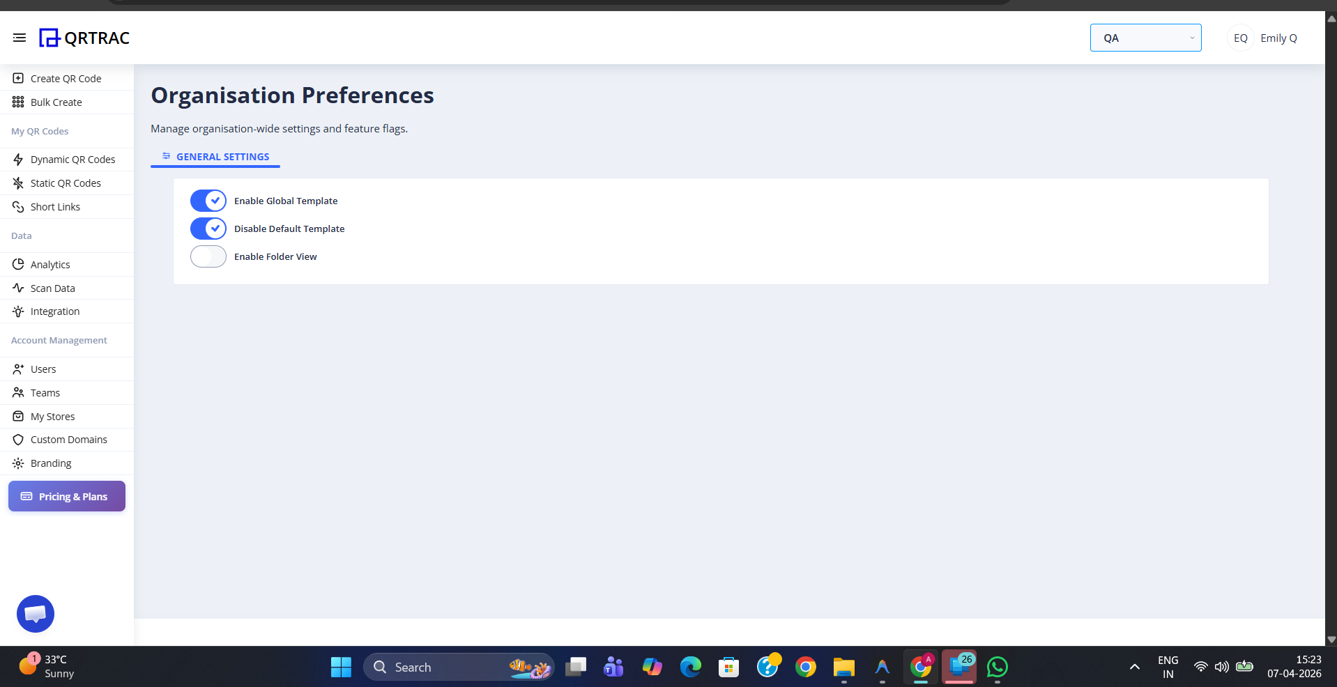 Organisation Preferences page showing Enable Global Template toggle switched on under General Settings