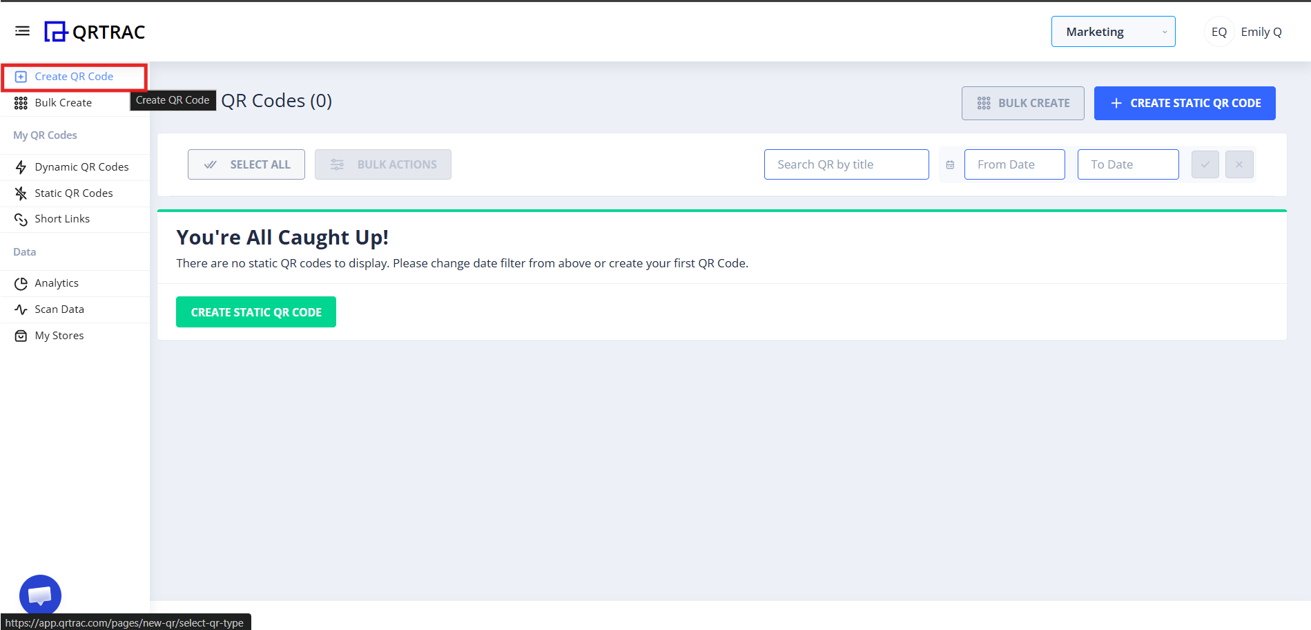QRTRAC dashboard with Create QR Code button