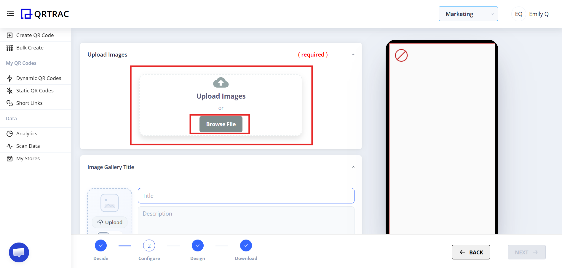 Image upload section for adding gallery photos