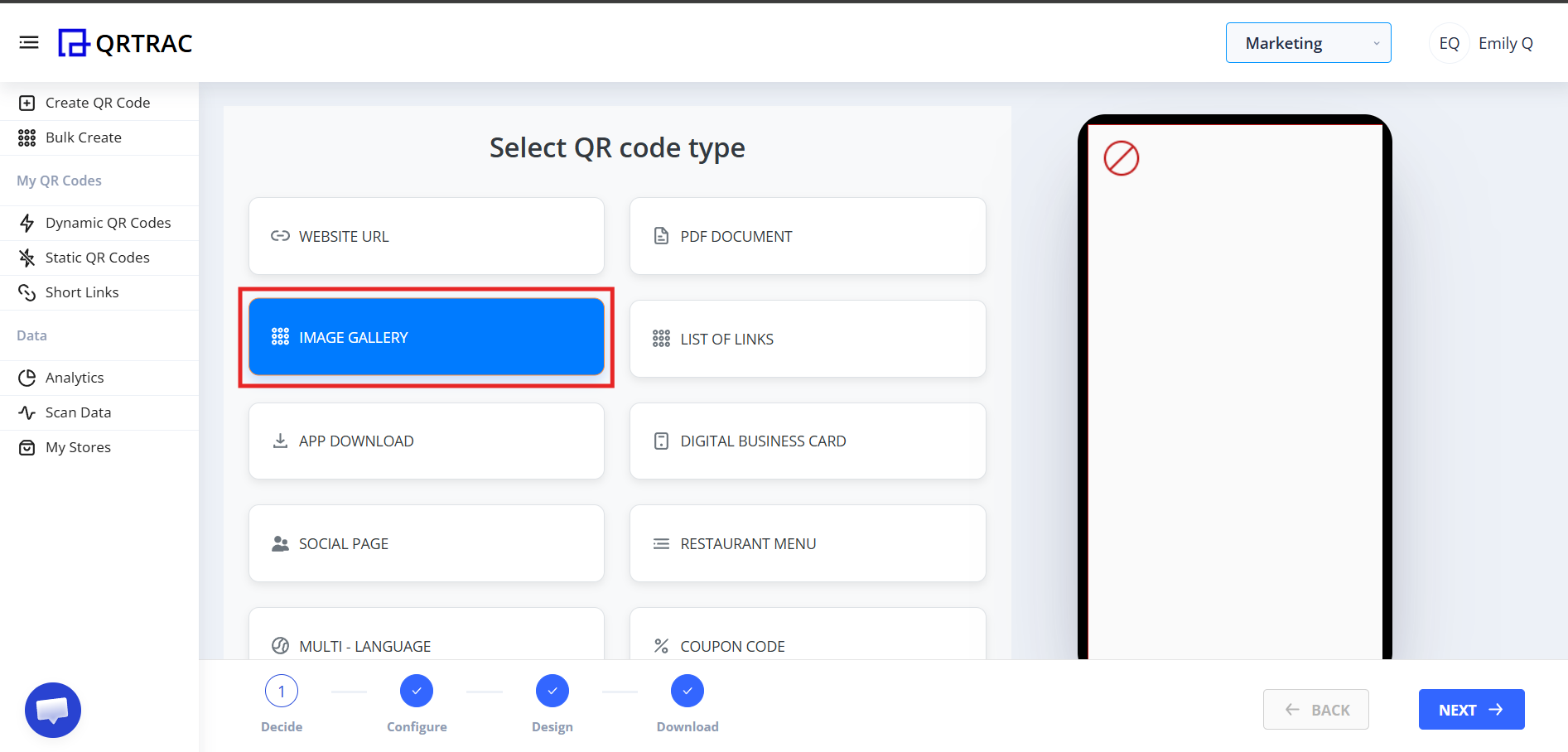 QR type selection with Image Gallery highlighted