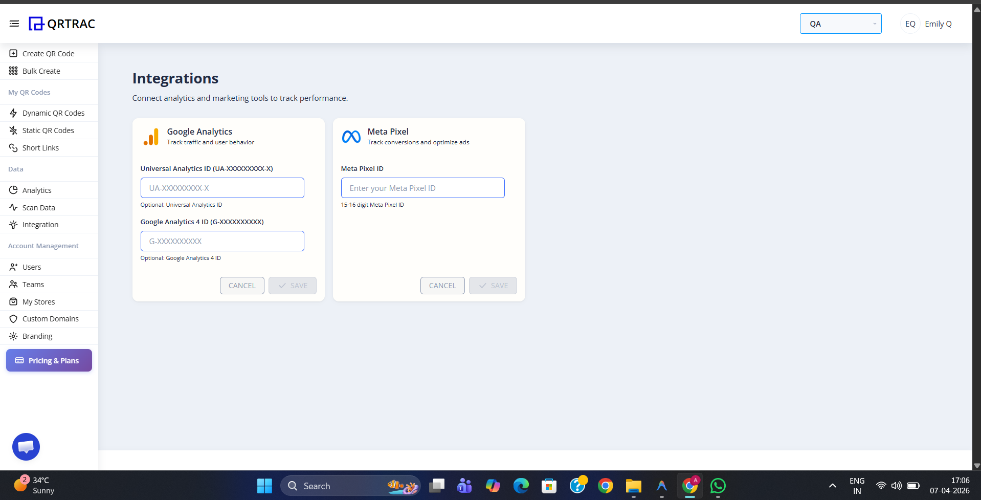 QRTRAC Integrations page showing a Google Analytics panel on the left with Universal Analytics ID and GA4 ID fields, and a Meta Pixel panel on the right with a Pixel ID field