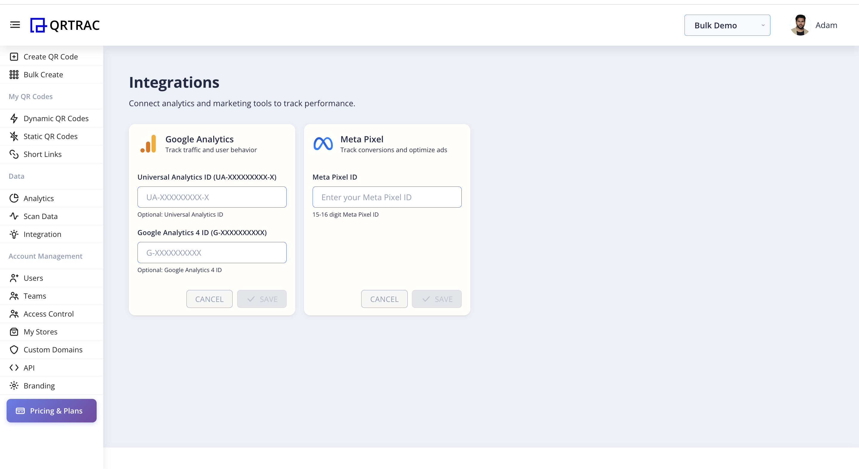QRTRAC Integrations screen showing Google Analytics and Meta Pixel panels