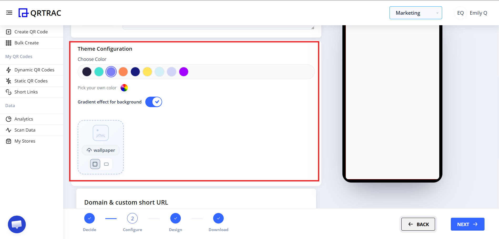 Theme customization section with color picker, gradient, and background image options