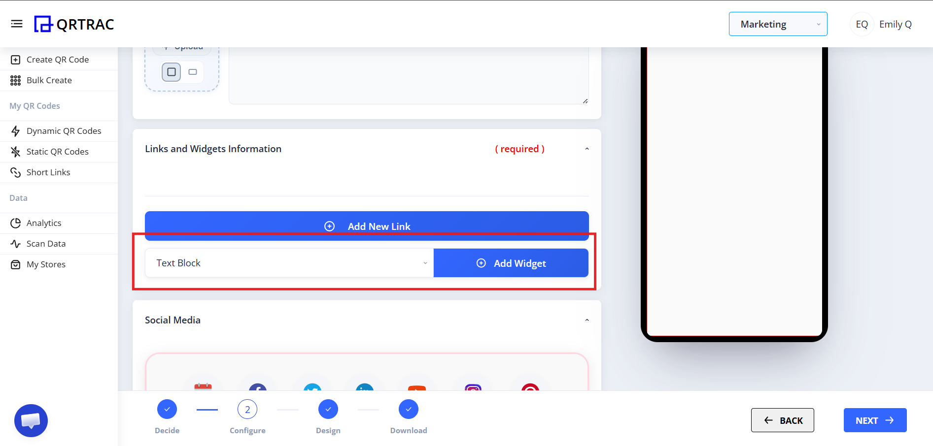 Widget dropdown menu and Add Widget button for adding text, video, PDF, and other widgets