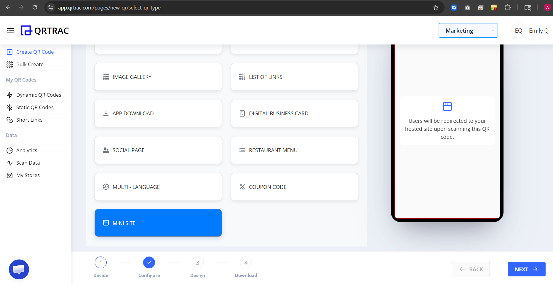 Mini Site QR type selected