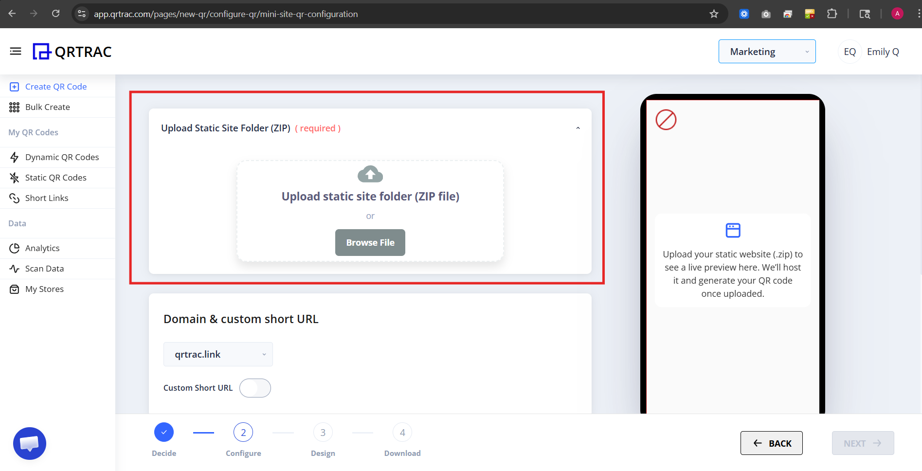 Upload static site ZIP screen