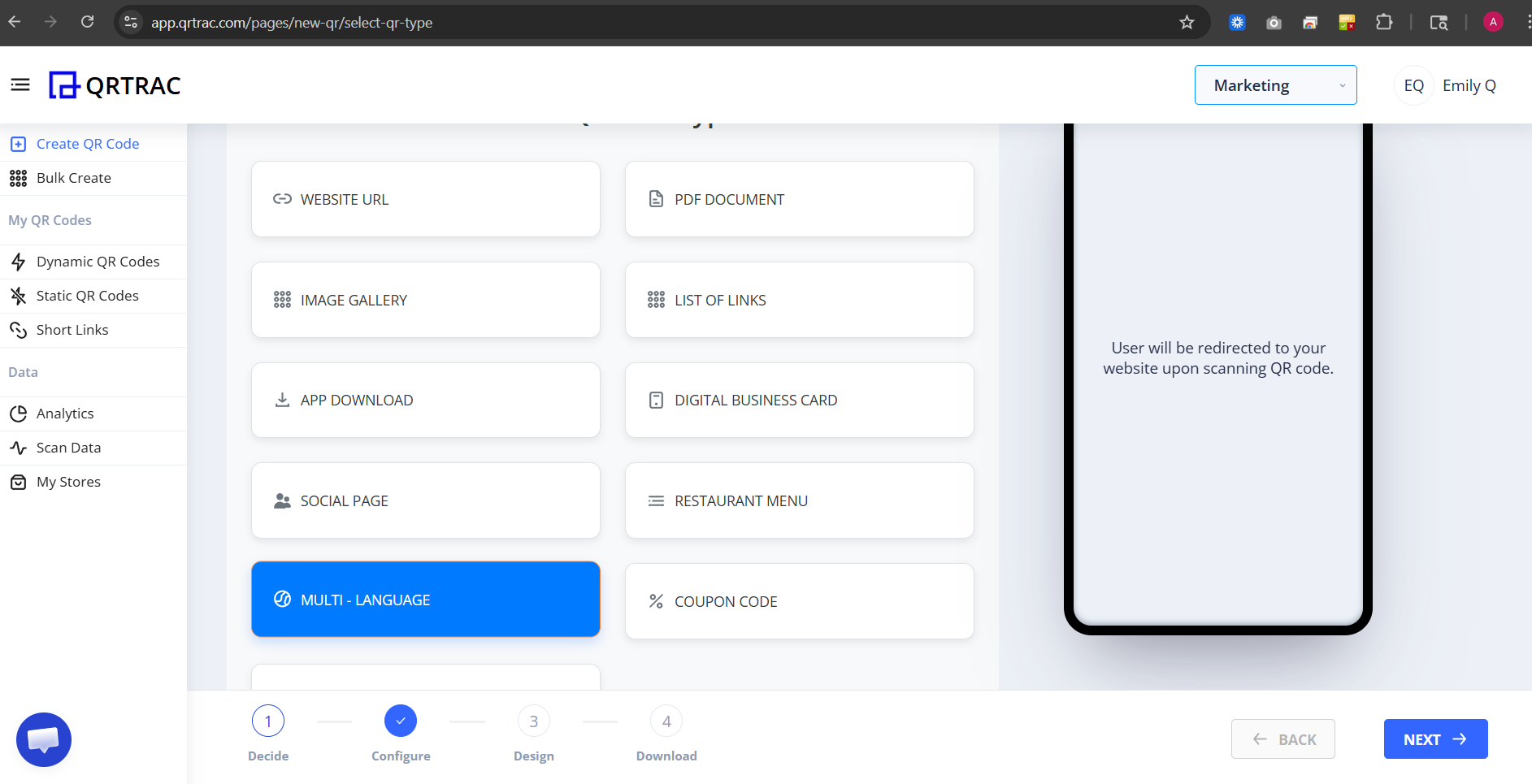 QR type selection with Multi-Language highlighted