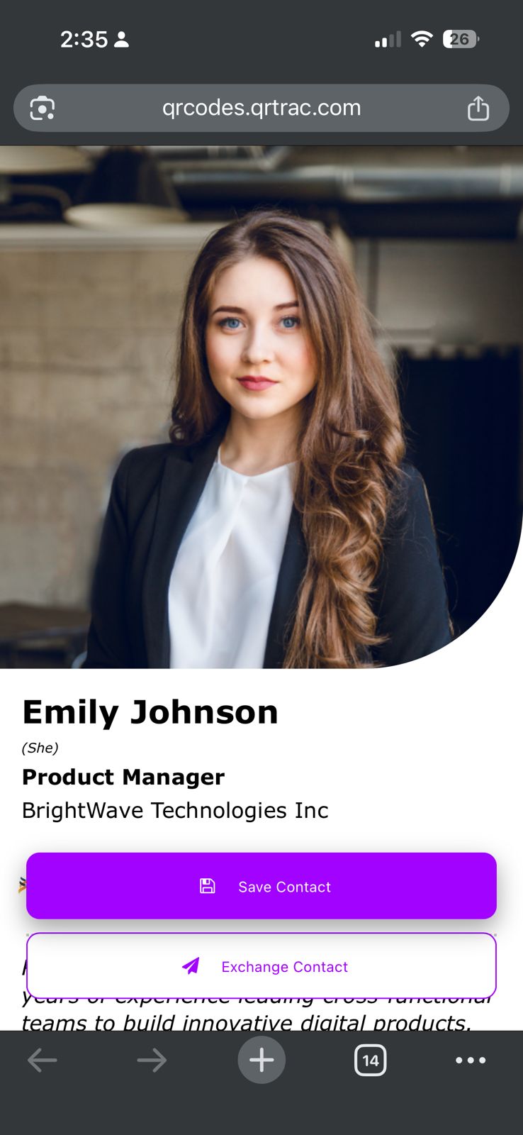 Digital Business Card landing page on mobile showing Save Contact and Exchange Contact buttons