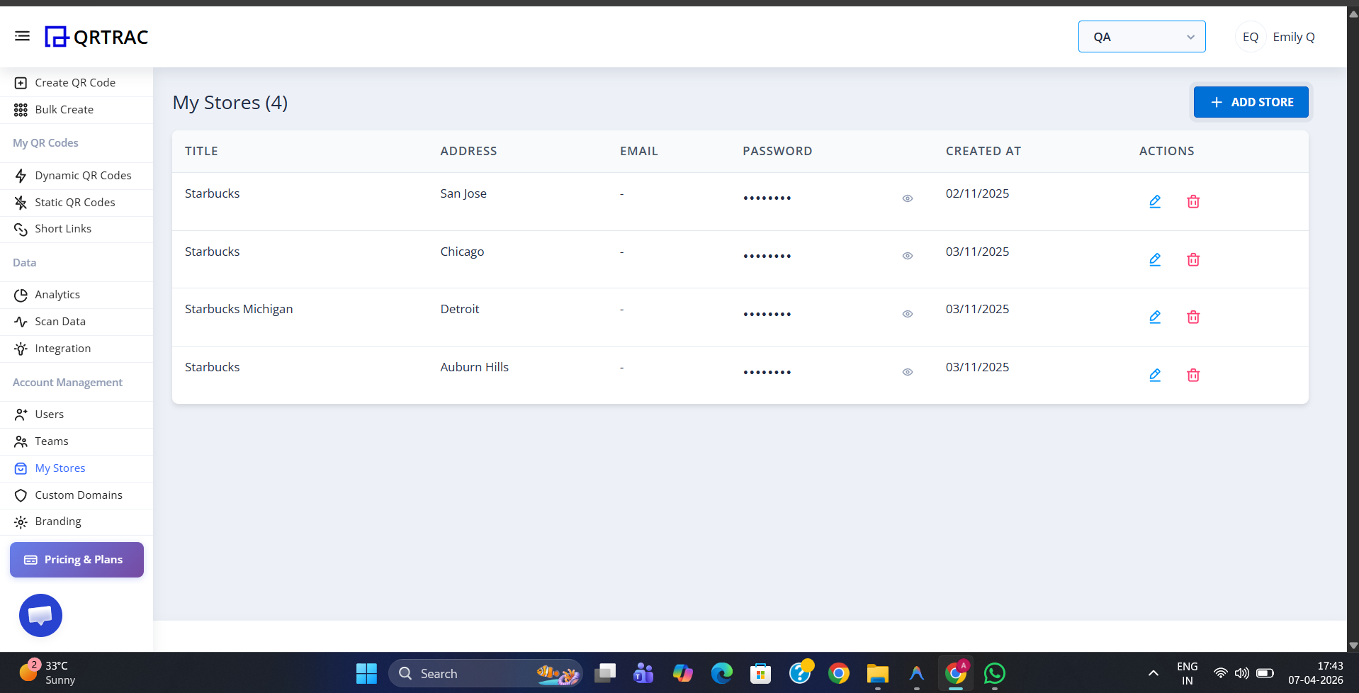 QRTRAC My Stores page showing a table of 4 Starbucks store profiles with Title, Address, Email, Password, Created At, and Actions columns