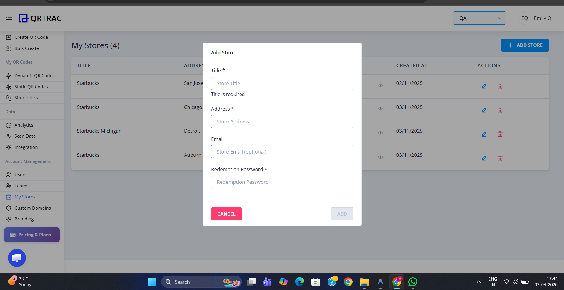 Add Store modal showing input fields for Title, Address, Email, and Redemption Password with Cancel and Save buttons