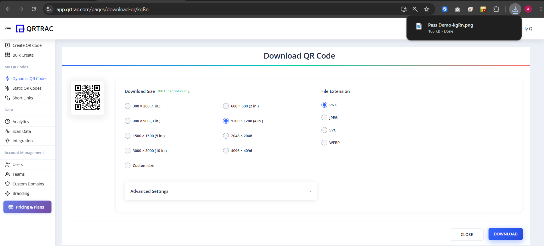 Download Modal with Size and Format Options