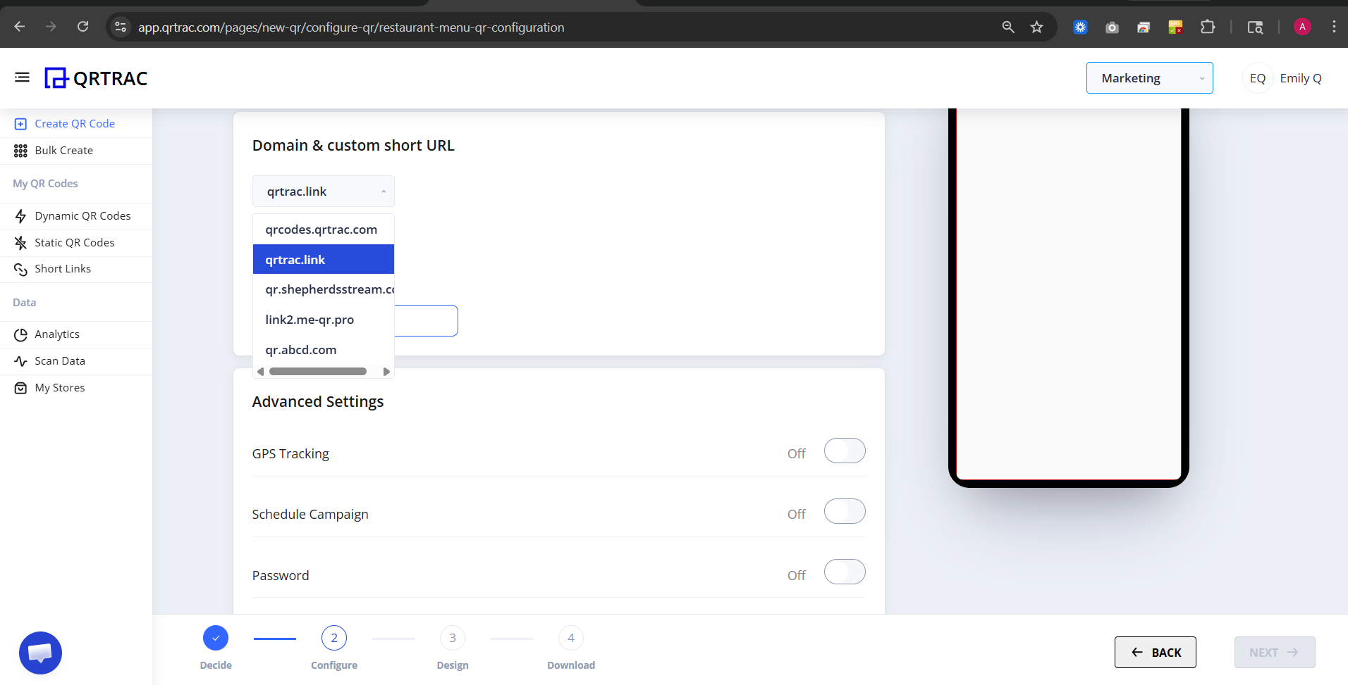 Advanced settings section with domain, GPS and scheduling options