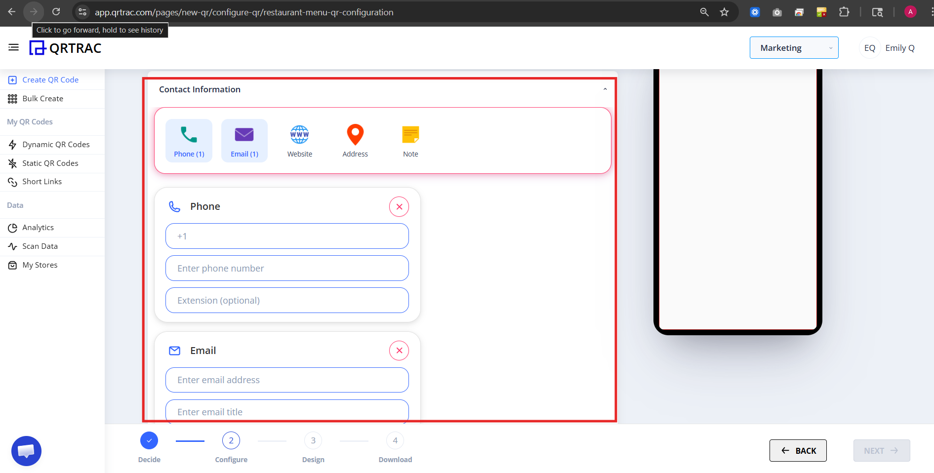 Contact information fields for phone, email, address and website