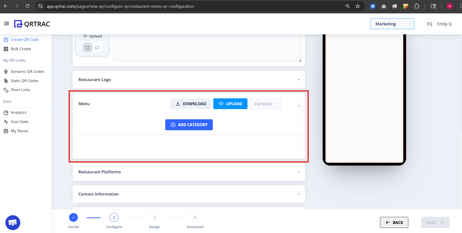 Menu upload section and add category options