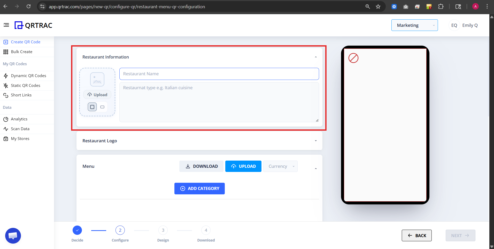 Restaurant information input fields