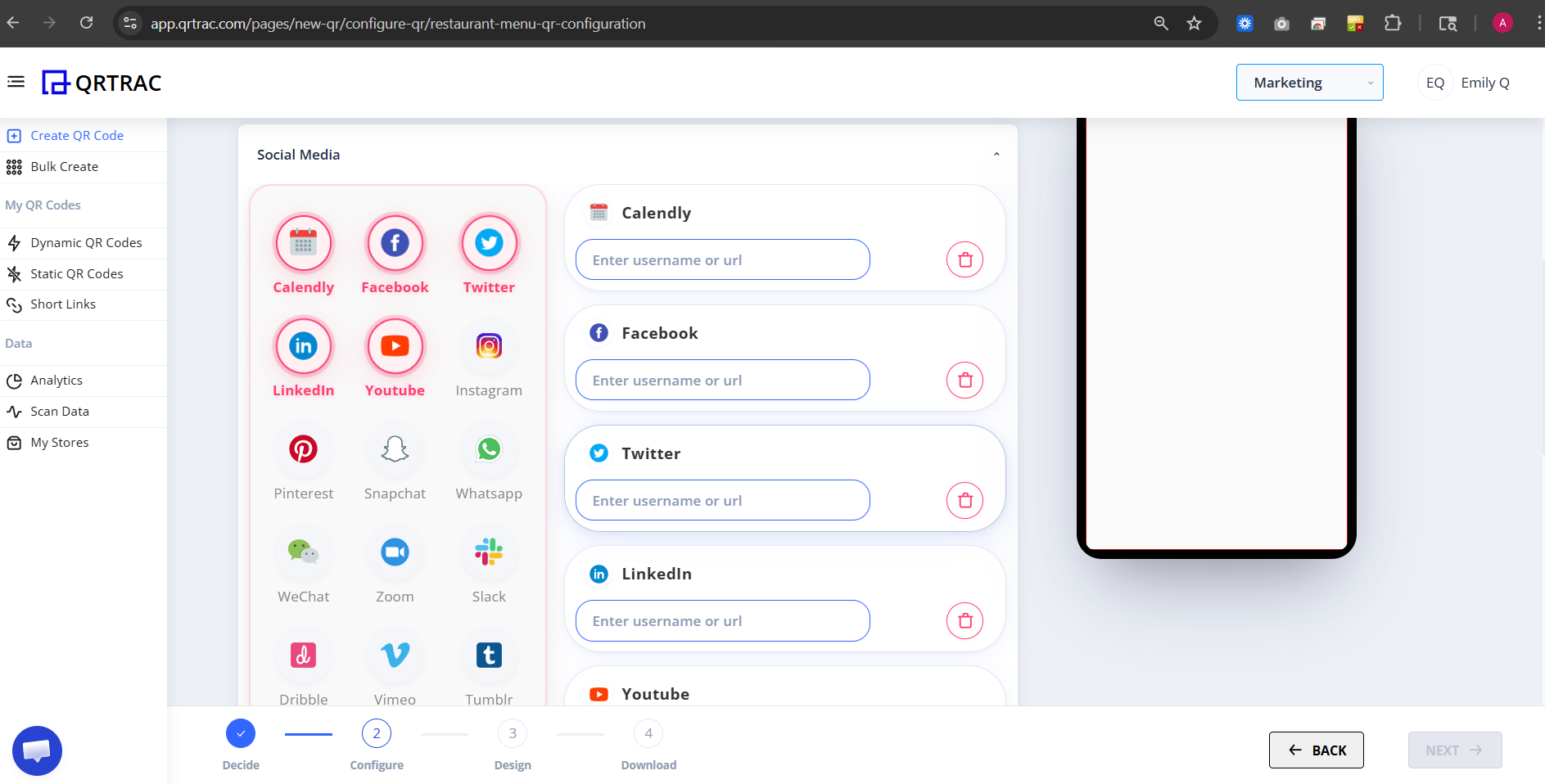 Social media links section for restaurant profile