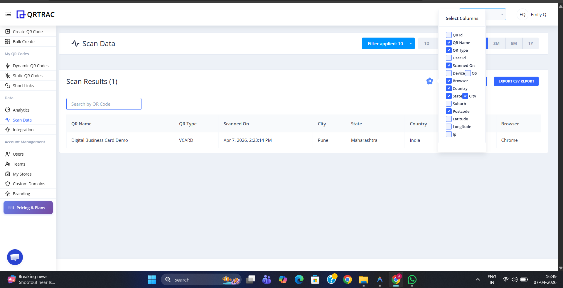 Scan Data page with Select Columns panel open on the right, showing checkboxes for QR Name, QR Type, Scanned On, Browser, Device, OS, Scanned City, State, Country, Latitude, and Longitude