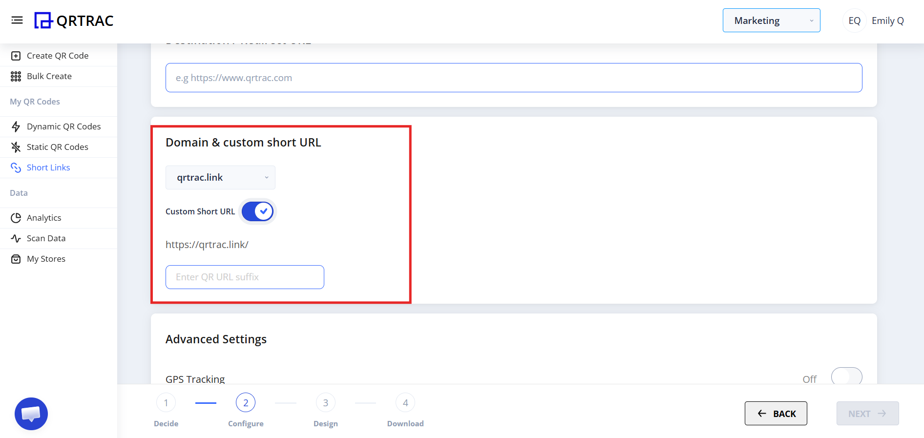 Domain and custom short URL configuration