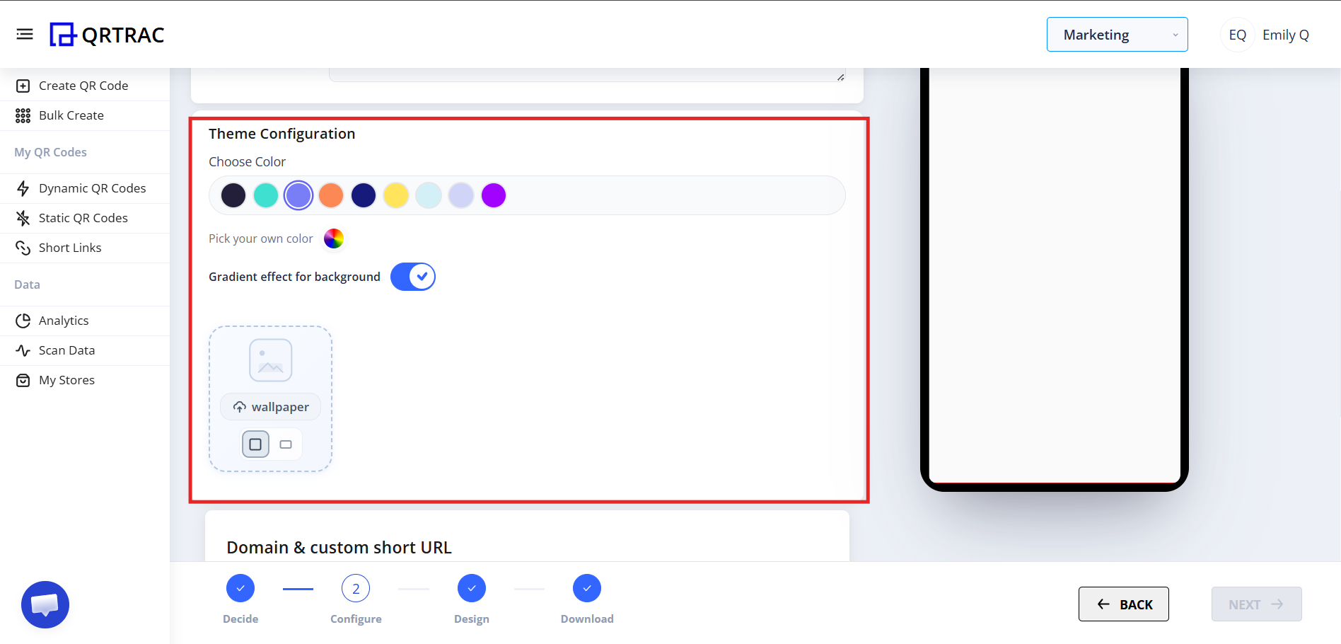 Theme Configuration section with color picker, gradient and wallpaper options