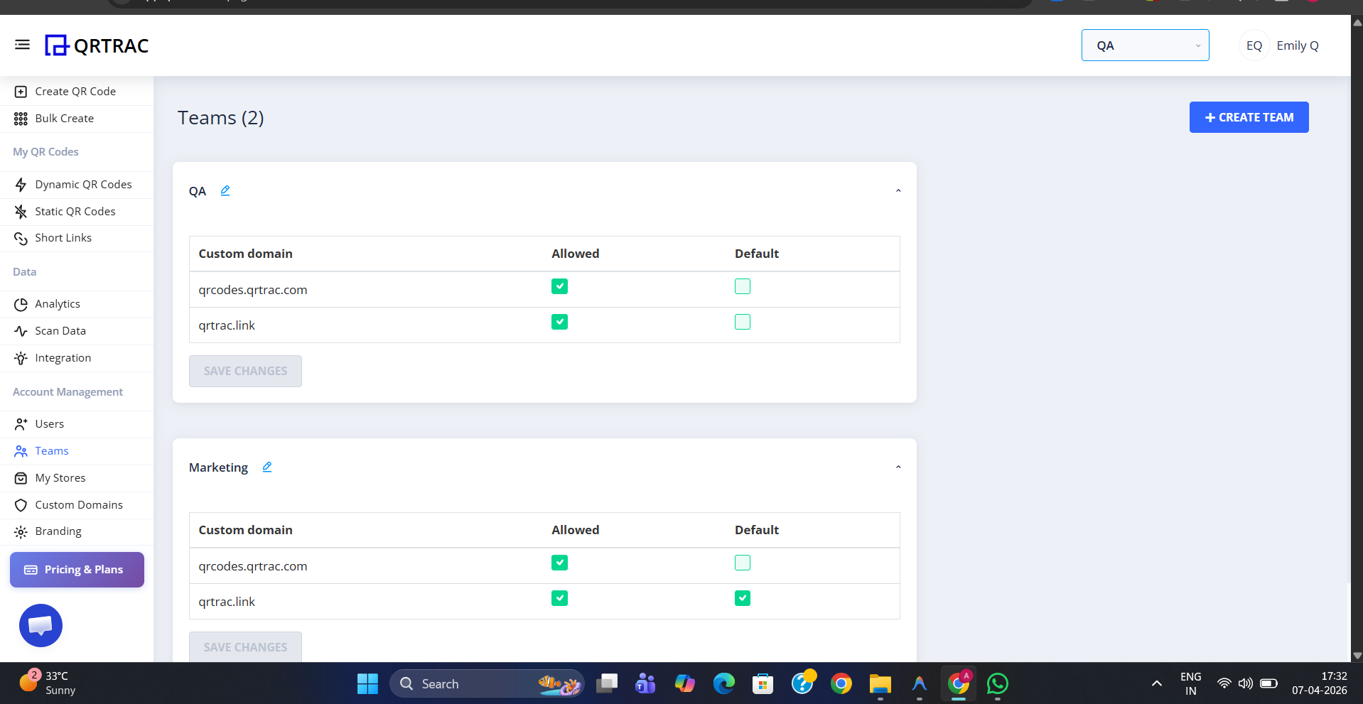QRTRAC Teams page showing two team cards — QA and Marketing — each with a custom domain table showing Allowed and Default toggles for qrcodes.qrtrac.com and qrtrac.link