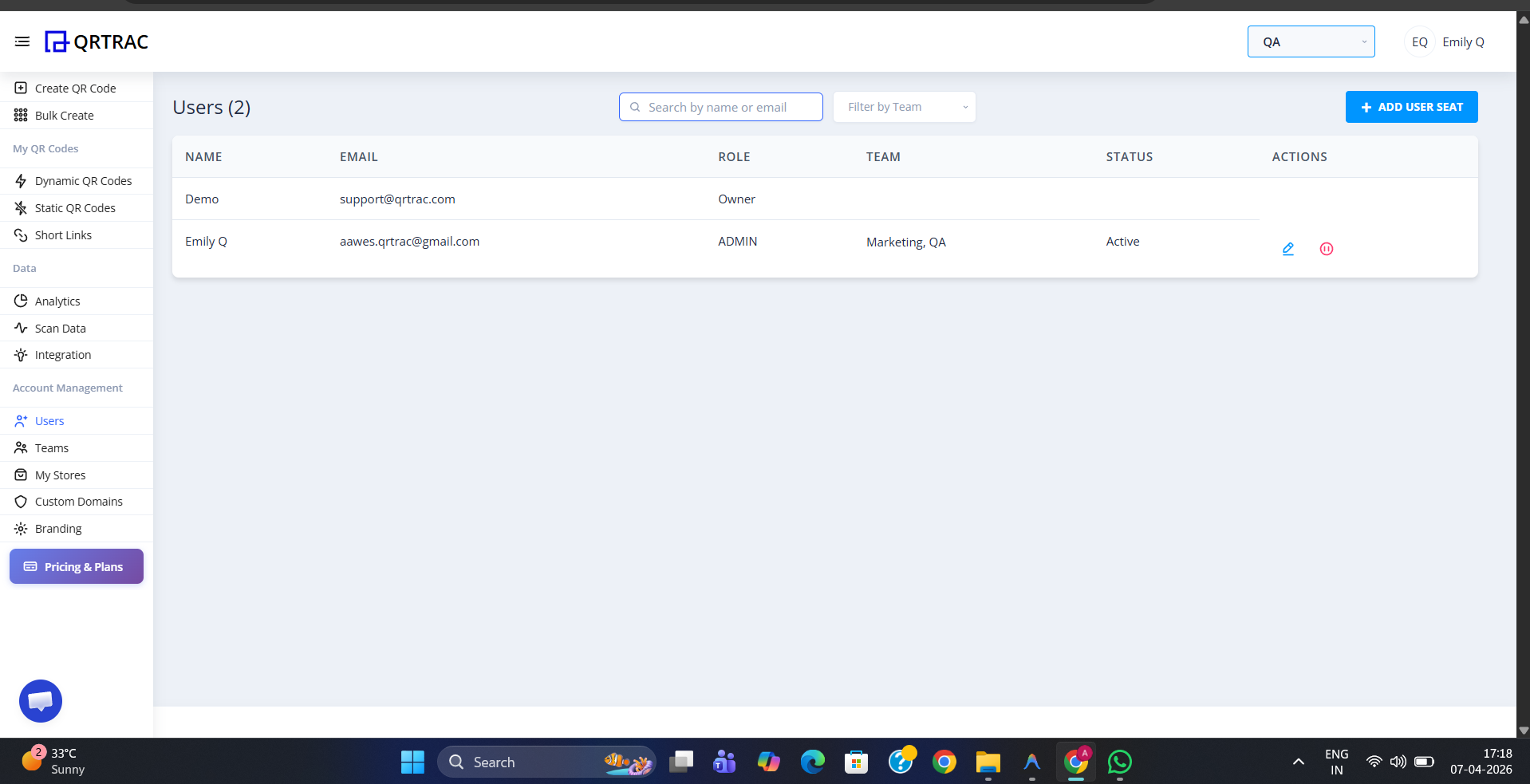 QRTRAC Users page showing a table with two users — their name, email, role, team, status, and action icons