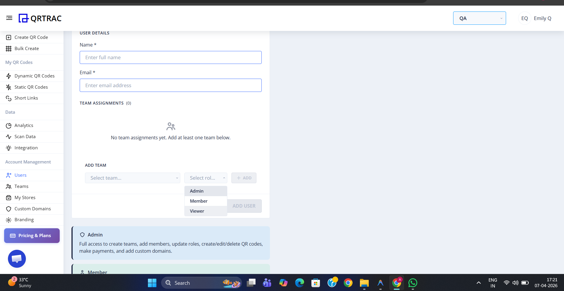 Add New User form showing the role descriptions for Admin, Member, and Viewer at the bottom of the panel
