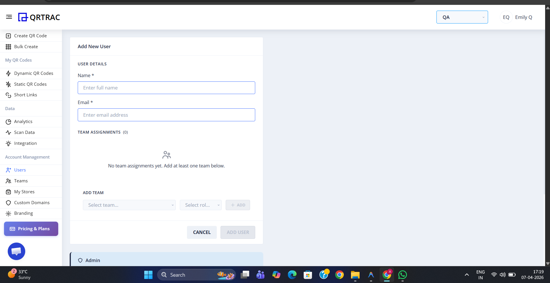 Add New User form with fields for Name and Email, a Team Assignments section, and Cancel and Save User buttons