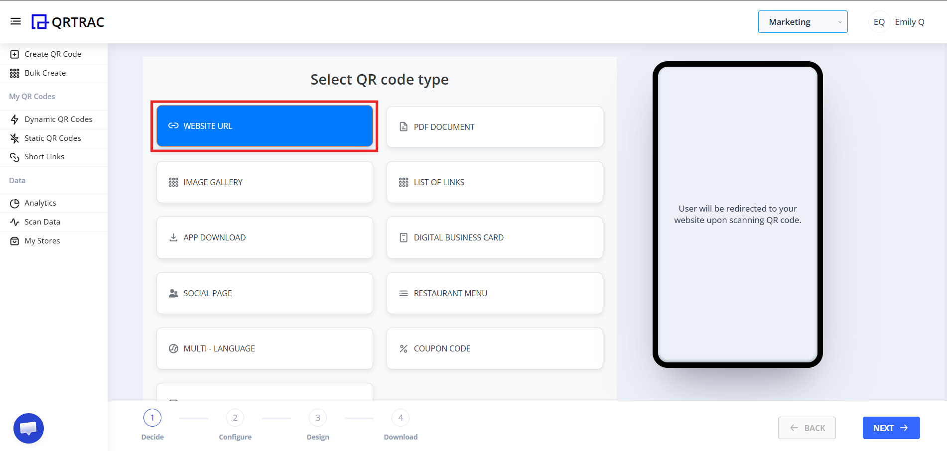 QR code type selection screen with Website URL highlighted