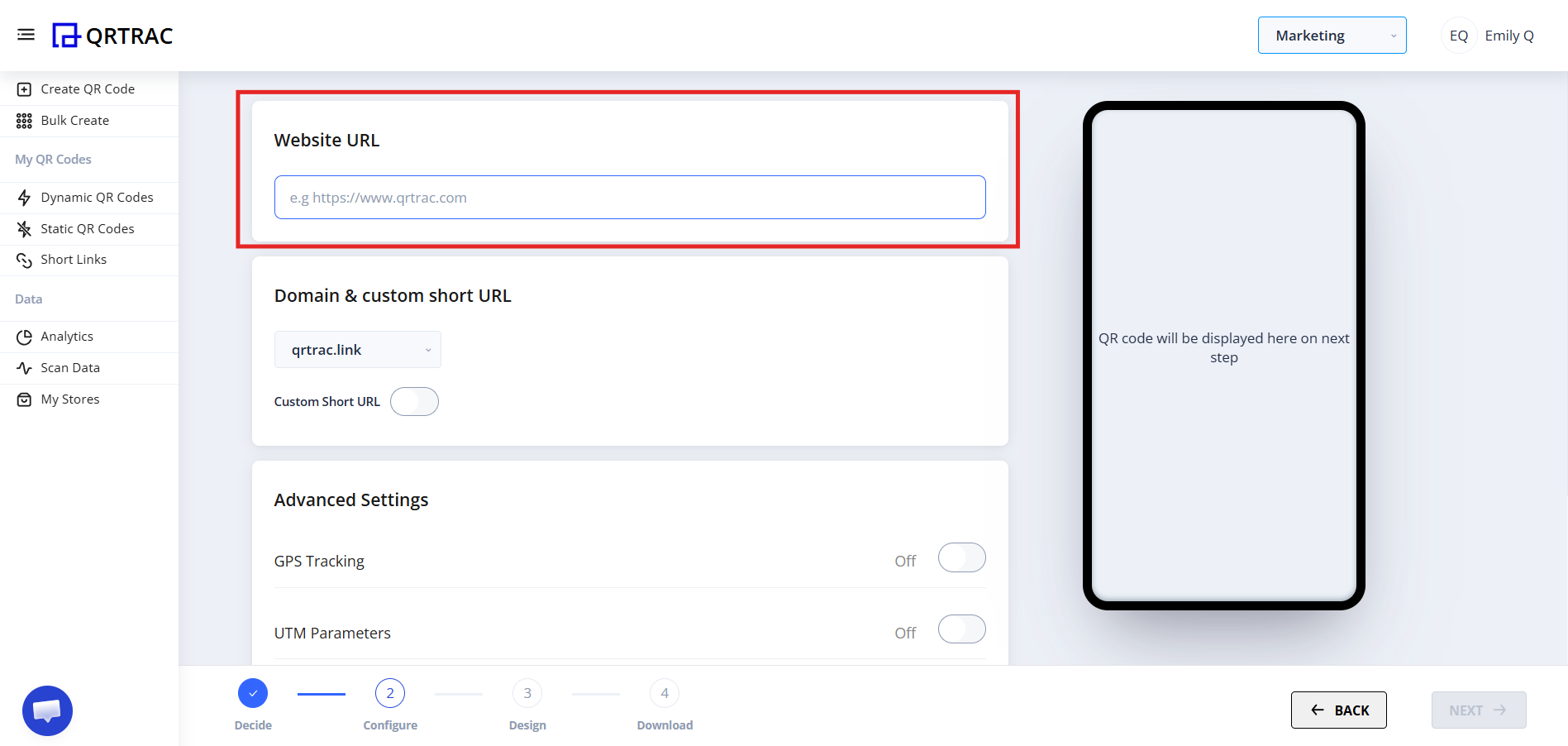 Website URL input field showing where to paste your full URL