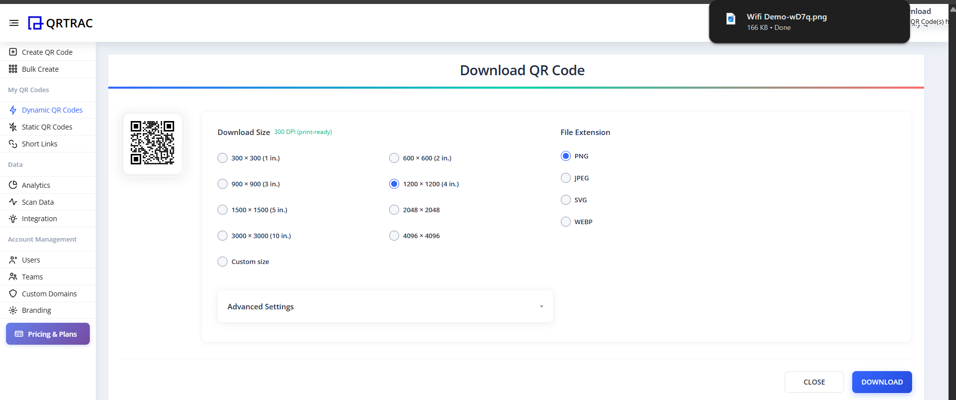Download Modal with Size and Format Options