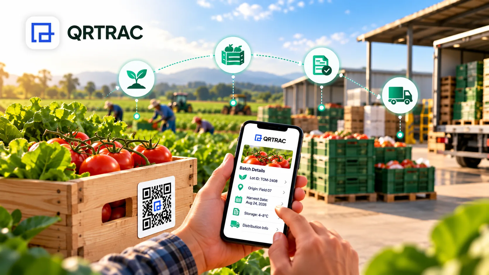 QR code label on an agricultural produce crate linking to crop batch information and documentation