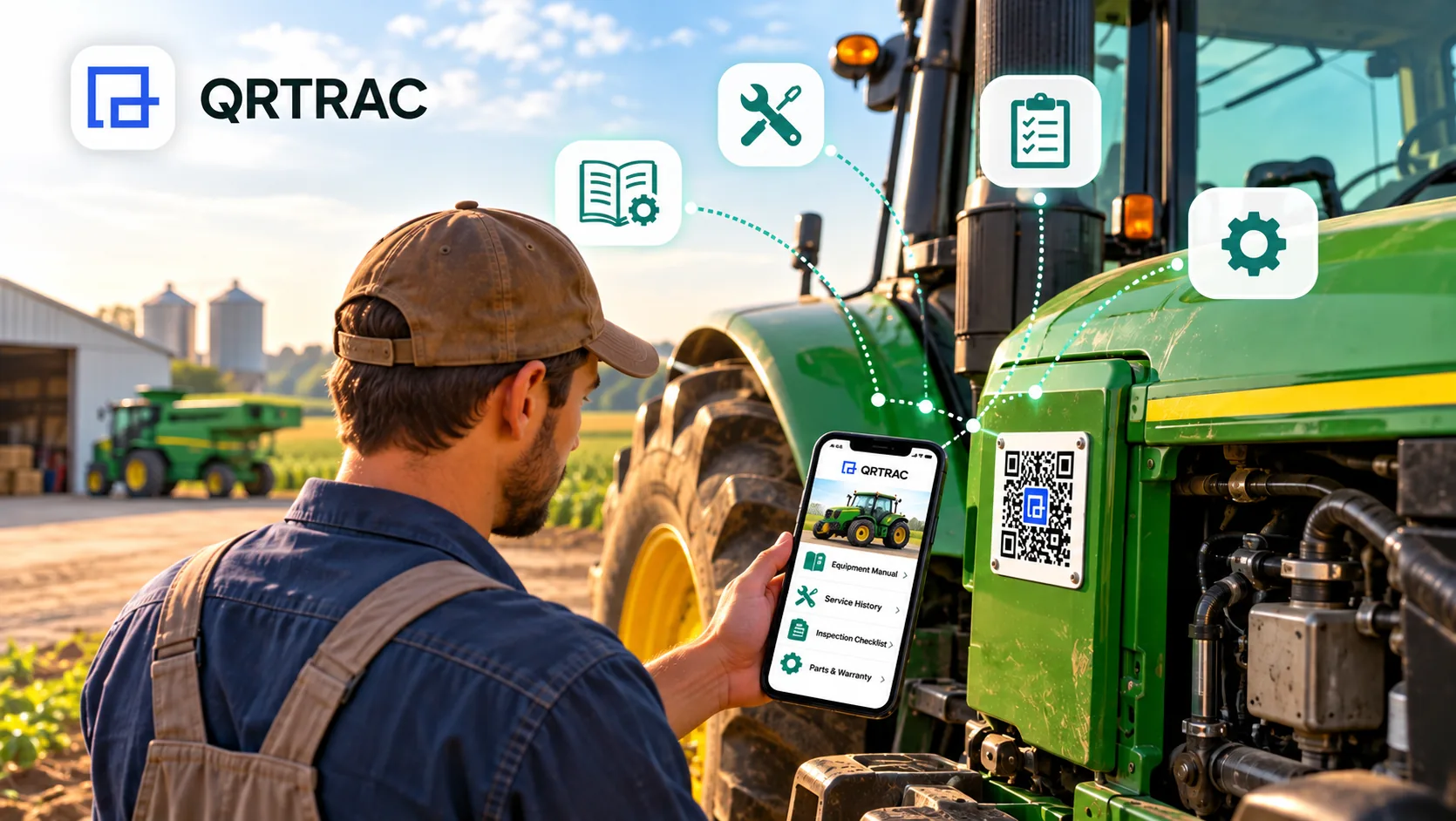 Technician scanning a QR code on farm equipment to access maintenance instructions