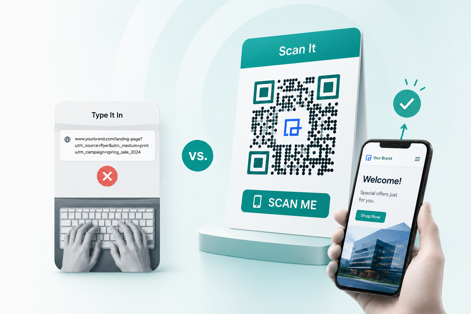 Comparison of 15-second manual typing versus a 1-second QR scan for faster engagement
