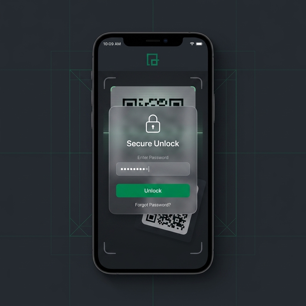 Password-protected QR code unlock screen on smartphone