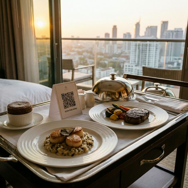 Delicious room service meal with QR code menu on the tray